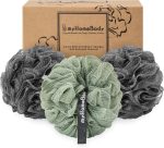myHomeBody Large 70g Loofah Sponge, Body Scrub, Bath Sponge, Exfoliating Sponge - Shower Bean Bag with Activated Charcoal -2 Graphite Gray + 1 Sage Green, 3 Pack