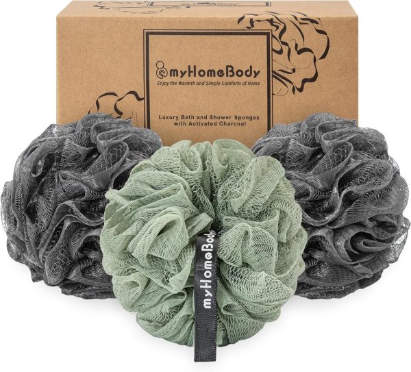 myHomeBody Large 70g Loofah Sponge, Body Scrub, Bath Sponge, Exfoliating Sponge - Shower Bean Bag with Activated Charcoal -2 Graphite Gray + 1 Sage Green, 3 Pack