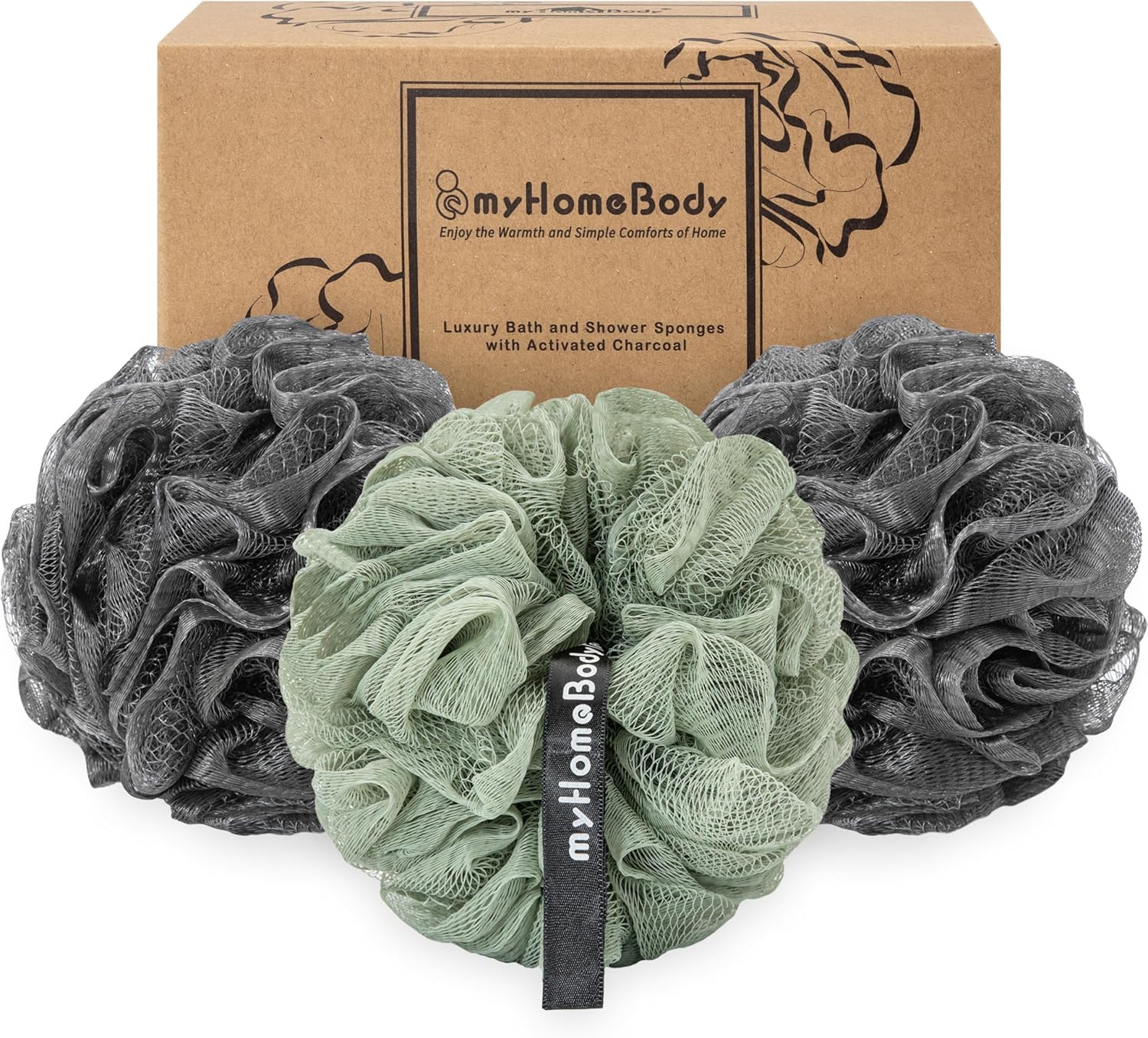 myHomeBody Large 70g Loofah Sponge, Body Scrub, Bath Sponge, Exfoliating myHomeBody Large 70g Loofah Sponge, Body Scrub, Bath Sponge, Exfoliating Sponge - Shower Bean Bag with Activated Charcoal -2 Graphite Gray + 1 Sage Green, 3 Pack