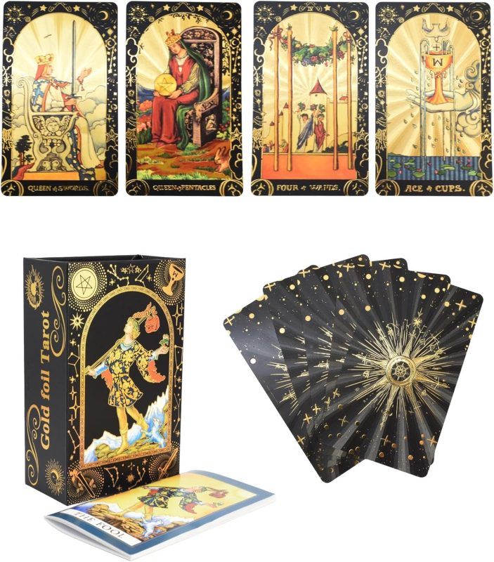 Tarot Card Deck Gold Foil, 78 Cards with Guide Book, PVC Waterproof Design, Black and Gold