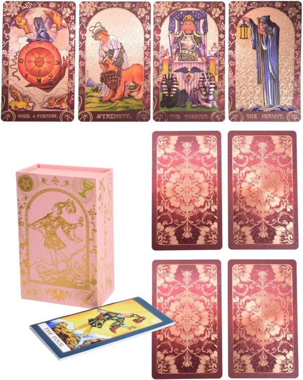 English Wine Red Aluminum Foil Tarot Deck, 78 Cards + 2 Trading Cards, with 36 English Color Guide Pages, PVC Frosted Holographic Print, Design