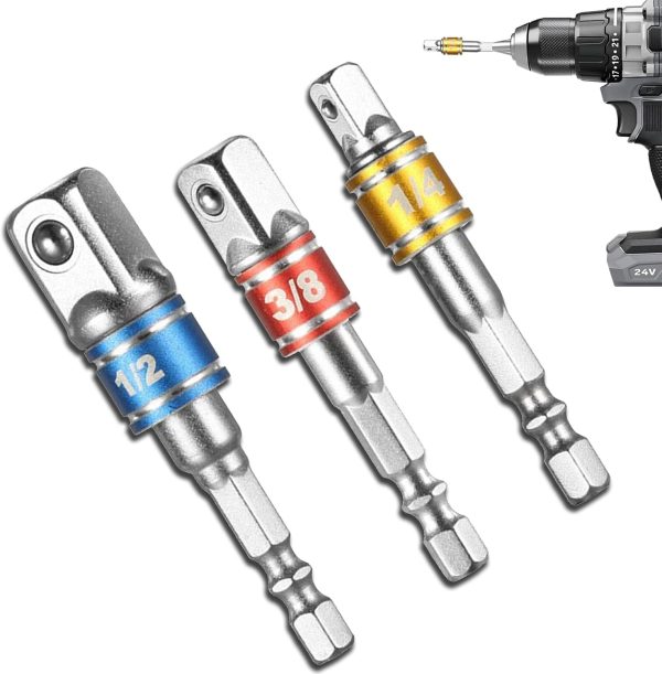 Hex Adapter To 1/4", 1/2", 3/8" 3 Pieces Hex Socket Adapter Socket Adapter Socket Wrench Nut Set Connection Extension Head For Cordless Screwdrivers