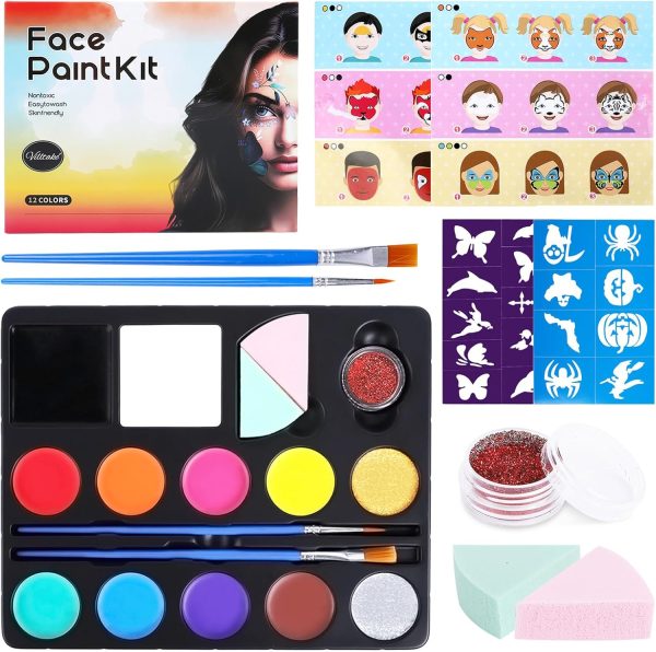 Body and face paint kit, children's make-up kit, 12 colours palette 18 reutlable plants, washable face paint for children, safe non-toxic daily use and creative activities