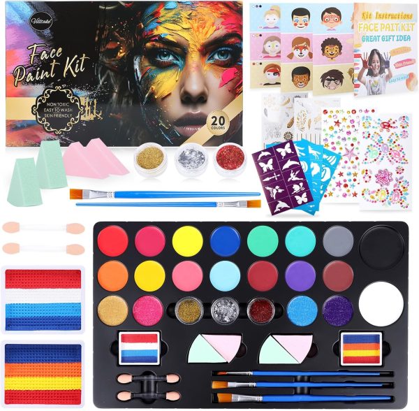 Face Painting Kit for Children 20 Colors - Hypoallergenic Makeup with Stencils, Glitter and Brushes - Carnival, Halloween, Children's Parties, Birthdays
