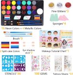 Face Painting Kit for Children 20 Colors - Hypoallergenic Makeup with Stencils, Glitter and Brushes - Carnival, Halloween, Children's Parties, Birthdays - Imagen 3
