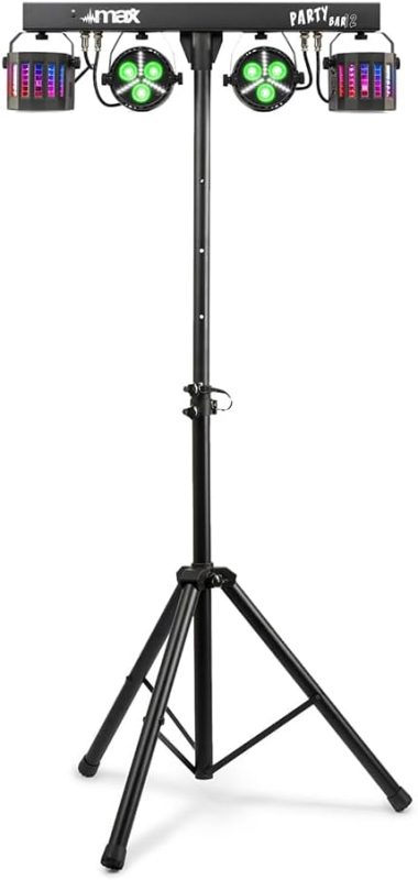 MAX PARTYBAR12 LED Party Lighting Kit with PAR and Derby Bulbs, Auto Shows or DMX Lights, Remote Control and Tripod, Ideal for DJs, Events, Weddings and Portable Nightclubs
