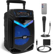 PYLE Speaker System, PA, 800W, Bluetooth, Portable, Rechargeable, Outdoor, 12" Subwoofer, 1" Tweeter, Recording Function, Microphone, Party Lights, USB/SD Radio, Black