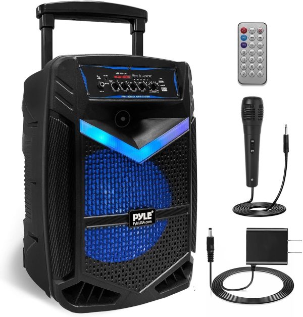 PYLE Speaker System, PA, 800W, Bluetooth, Portable, Rechargeable, Outdoor, 12" Subwoofer, 1" Tweeter, Recording Function, Microphone, Party Lights, USB/SD Radio, Black
