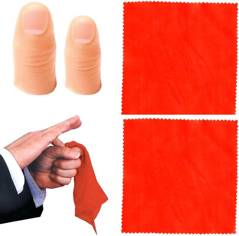 2 pieces magic thumb props, magic trick, magic accessory, and 2 red tissues, 1 large and 1 small, suitable for everyone, for the magic item party