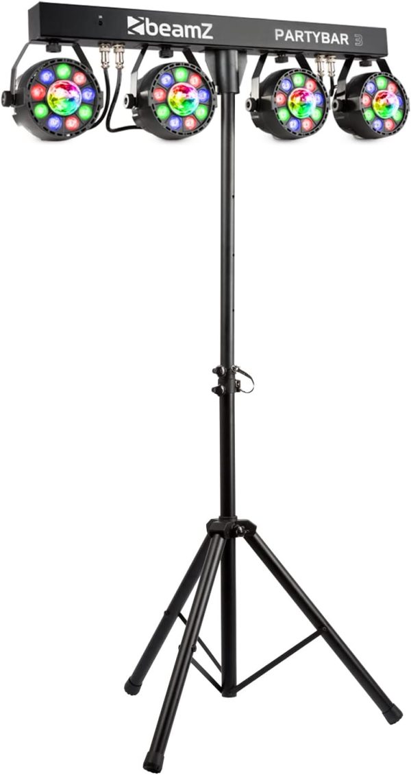 BeamZ Partybar3 Music Controlled or Standalone DJ Light System DMX, 4 PARs RGB with Magic Balls - Disco Accessory (LED Disco Laser Projector, RGB 8 Channel) Disco Lights Stand