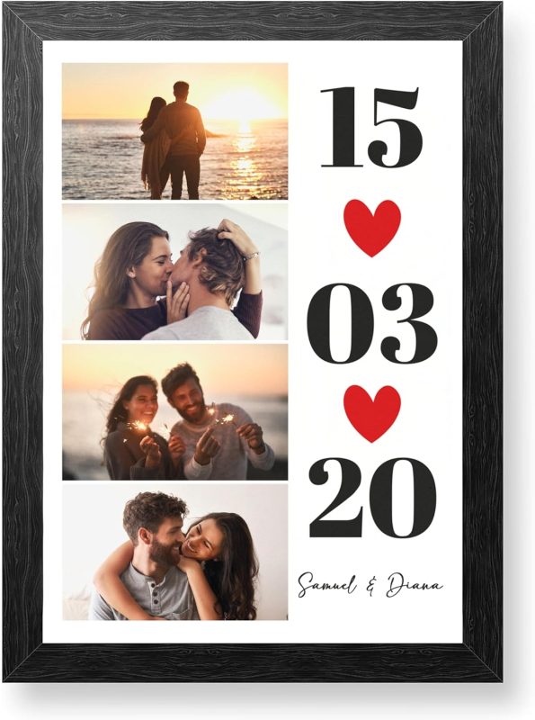 Framed Print - Personalized Canvas with Collage Photos and Text - Home Decoration - A4 Size - Frame Included - Gift for Couples and Family (Collage Date)