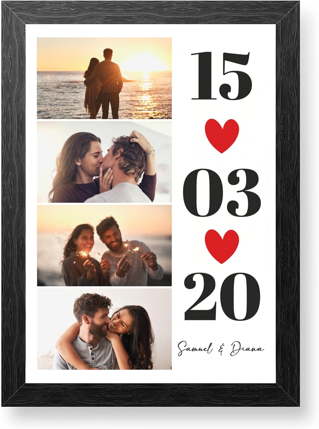 Framed Print - Personalized Canvas with Collage Photos and Text Framed Print - Personalized Canvas with Collage Photos and Text - Home Decoration - A4 Size - Frame Included - Gift for Couples and Family (Collage Date)