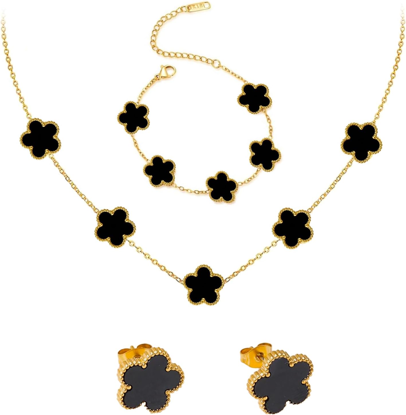 Juego de joyas de trébol de cuatro hojas de 18 Juego de joyas de trébol de cuatro hojas de 18 quilates, para mujer y niña, chapado en oro, pulsera de trébol de cuatro hojas, collar, pendientes, pulsera, juego de joyas para el día de la