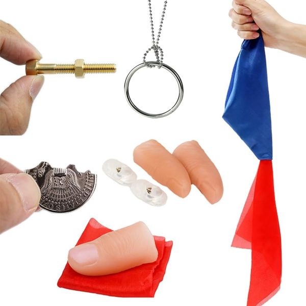 Kids Magic Set Includes Fake Finger, Light Fingers, Silk Scarves, Coins, Rotation Screw, Ring and Chain, Magic Trick Accessories for Parties, Bars and Streets (6 Set)