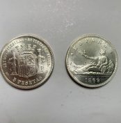 Quality replica of historical coin: Spain 5 Pesetas "Provisional Government" 1869. Made of brass and plated in silver.