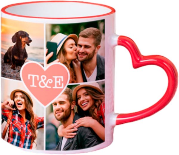Red Ceramic Mug with Personalised Heart Shaped Handle 33cl Collage Red as Original Gift for Couples and Lovers