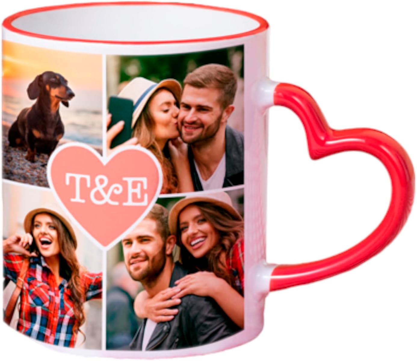Red Ceramic Mug with Personalised Heart Shaped Handle 33cl Collage Red Ceramic Mug with Personalised Heart Shaped Handle 33cl Collage Red as Original Gift for Couples and Lovers
