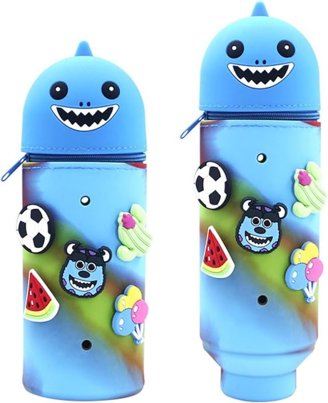 1 x Kawaii 2-in-1 Kawaii School Legami Case Soft Silicone, 18.5 x 6.5 cm Shark Animal Theme for Table Pen Holder, Zipper, Coloured Pencils Marker Pens (J)