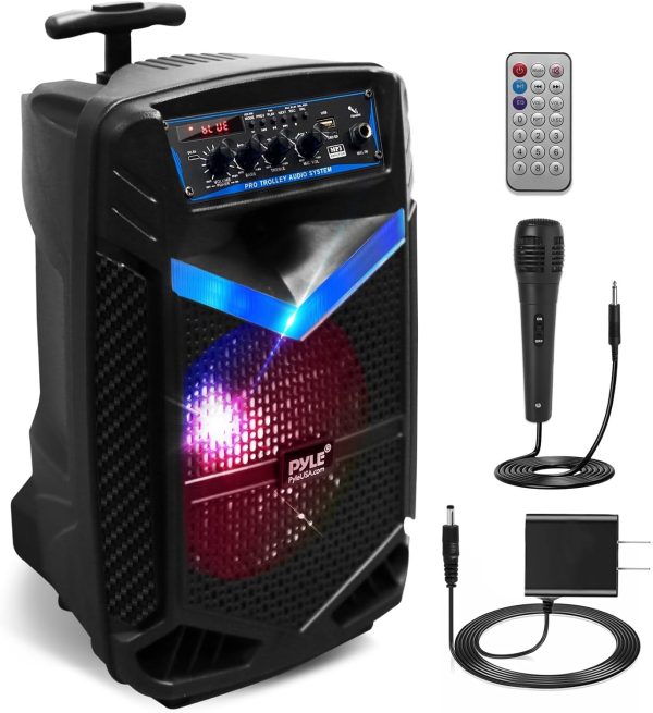 PYLE Speaker System, PA, 400W, Bluetooth, Portable, Rechargeable, Outdoor, 8" Subwoofer, 1" Tweeter, Recording Function, Microphone, Party Lights, USB/SD Radio, Black
