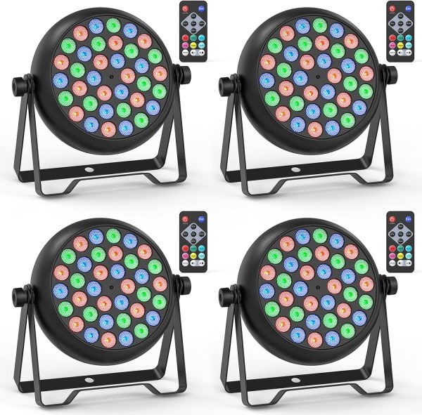 4pcs RGB LED Par Spotlights, 36W Stage Light with Remote Control and 4 Control Modes, Disco Lights for DJ Bar Wedding Show Concerts Party Christmas Halloween