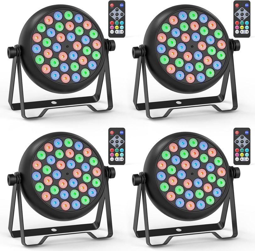 4pcs RGB LED Par Spotlights, 36W Stage Light with Remote Control and 4 Control Modes, Disco Lights for DJ Bar Wedding Show Concerts Party Christmas Halloween