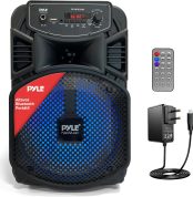 Pyle Speaker System, PA, 300W, Bluetooth, Portable, Rechargeable, Outdoor, 8" Subwoofer, 1" Tweeter, Recording Function, Microphone, Party Lights, USB/SD Radio, Black