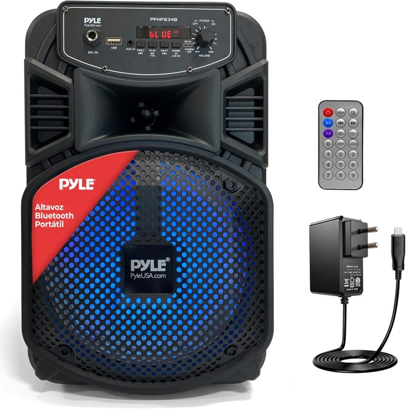 Pyle Speaker System, PA, 300W, Bluetooth, Portable, Rechargeable, Outdoor, 8" Subwoofer, 1" Tweeter, Recording Function, Microphone, Party Lights, USB/SD Radio, Black