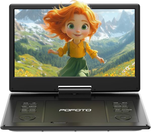 Portable DVD Player 15.7'' with 14.1" HD Rotatable Screen, 6H Autonomy, Supports Multiformat/SD/USB, Playback Memory, TV/Projector Output, Dual Speakers