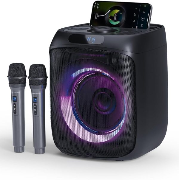 Karaoke 2 Wireless Microphones, 400 W Speaker with Microphone, Portable Large Bluetooth Speaker Professional Karaoke for Children and Adults, LED/USB/FM Radio/TWS/AUX Ideal for Party Indoor Outdoor