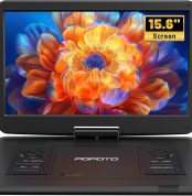 17.5" Portable DVD Player with 15.6'' HD Swivel Screen – 6h Battery, Supports Multiformat/SD/USB, Zonless, Synchronizes TV/Projector, Antishock and Memory, Dual Speakers, Remote Control