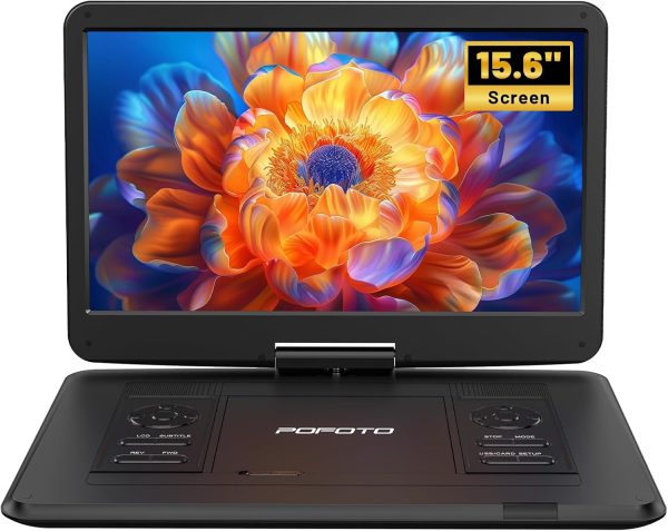 17.5" Portable DVD Player with 15.6'' HD Swivel Screen – 6h Battery, Supports Multiformat/SD/USB, Zonless, Synchronizes TV/Projector, Antishock and Memory, Dual Speakers, Remote Control
