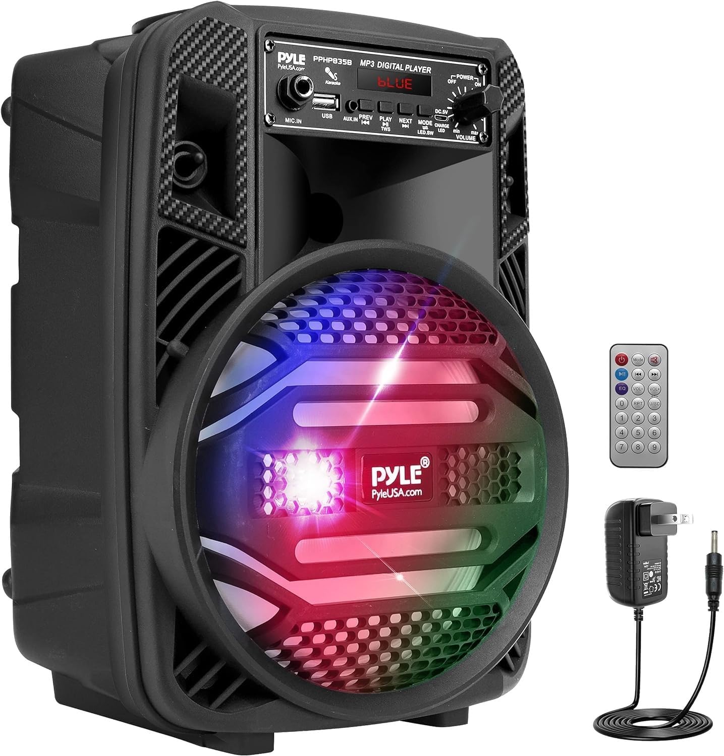 Pyle Portable Bluetooth PA Speaker System - 300W Rechargeable Outdoor Pyle Portable Bluetooth PA Speaker System - 300W Rechargeable Outdoor Bluetooth Speaker Portable PA System w/ 8” Subwoofer 1” Tweeter, Microphone in, Party Lights, MP3/USB, Radio, Remote, Black