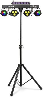 Max PARTYBAR10 | Set of 2 x Jelly Moon Disco Lights, 2 x PAR Spotlight and UV/Flash Strobe, Party Light LED Lighting Auto Mode or DMX Mode, Remote Control and Tripod Included, Preset Shows, DJ Lights