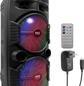 Pyle Speaker System, PA, 600W, Bluetooth, Portable, Rechargeable, Indoor, Outdoor, 8" Subwoofer, 1" Tweeter, Recording Function, Microphone, Party Lights, USB/SD Radio, Black