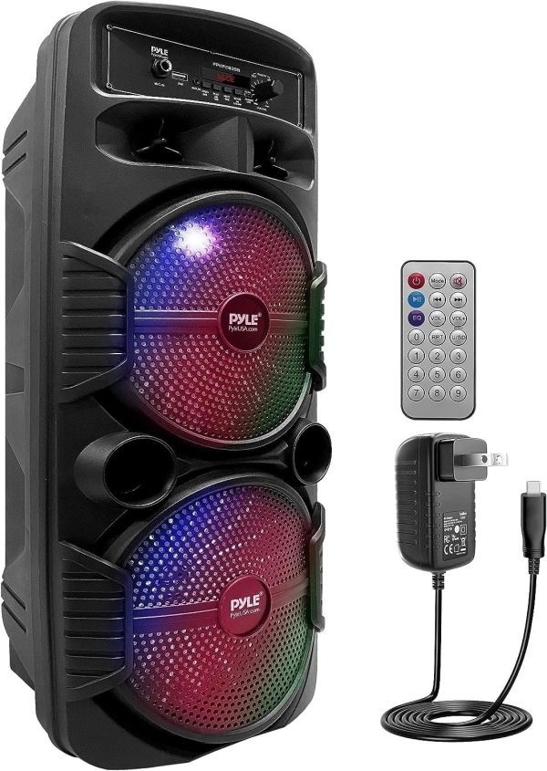 Pyle Speaker System, PA, 600W, Bluetooth, Portable, Rechargeable, Indoor, Outdoor, 8" Subwoofer, 1" Tweeter, Recording Function, Microphone, Party Lights, USB/SD Radio, Black