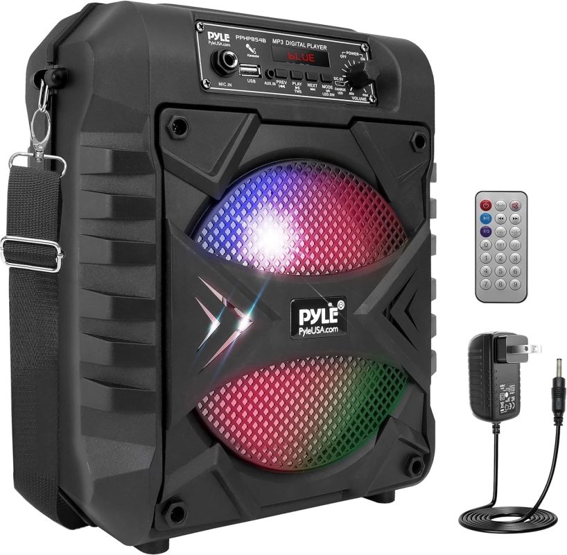 Pyle Speaker System, PA, 300W, Bluetooth, Portable, Rechargeable, Outdoor, 8" Subwoofer, AUX, Recording Function, Microphone, Party Lights, USB/SD Radio, Black