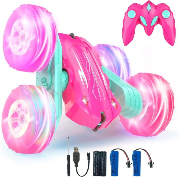 Remote Control Car, Acrobatic Car Trucks 360 Degree Rotation, Toy Child Gift 3 4 5 6 7 8 9 12 Years Old Girl 2.4Ghz Children Remote Control Car with Lights Includes Rechargeable Battery (Pink)