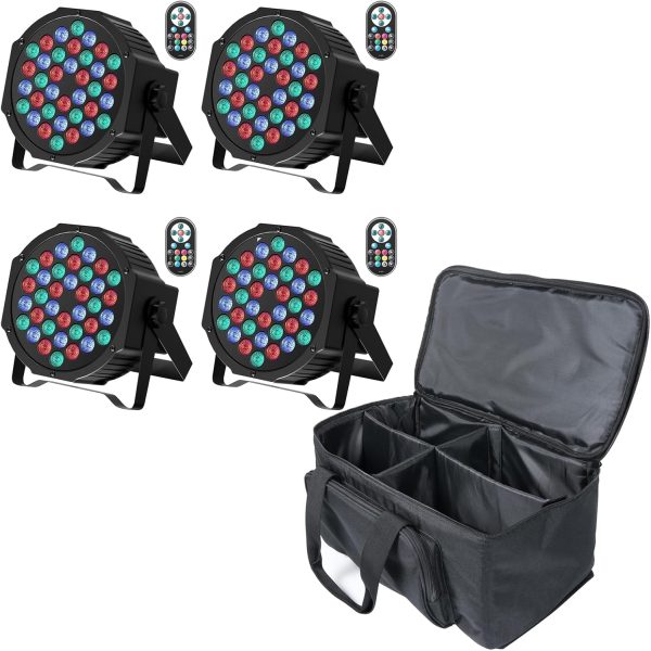 4PCS RGB LED Par Spotlight with PVC Bag, 72W LED Stage Lights with Remote Control and Sound Activation, DJ Lights Disco Light for Parties Bars Wedding Halloween Christmas