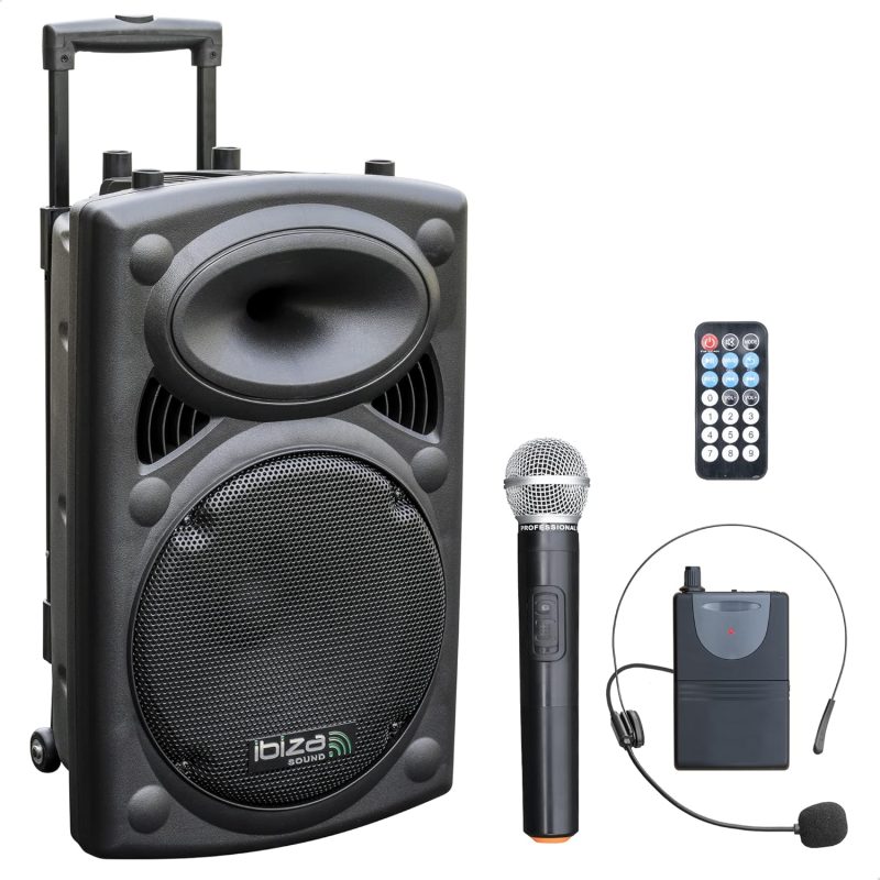 Ibiza - PORT12VHF-BT - Portable speaker 12"/700W MAX with 2 microphones (VHF), Remote Control and Protective Case - Bluetooth, USB, SD - Autonomy from 5 to 7h - Speaker Box
