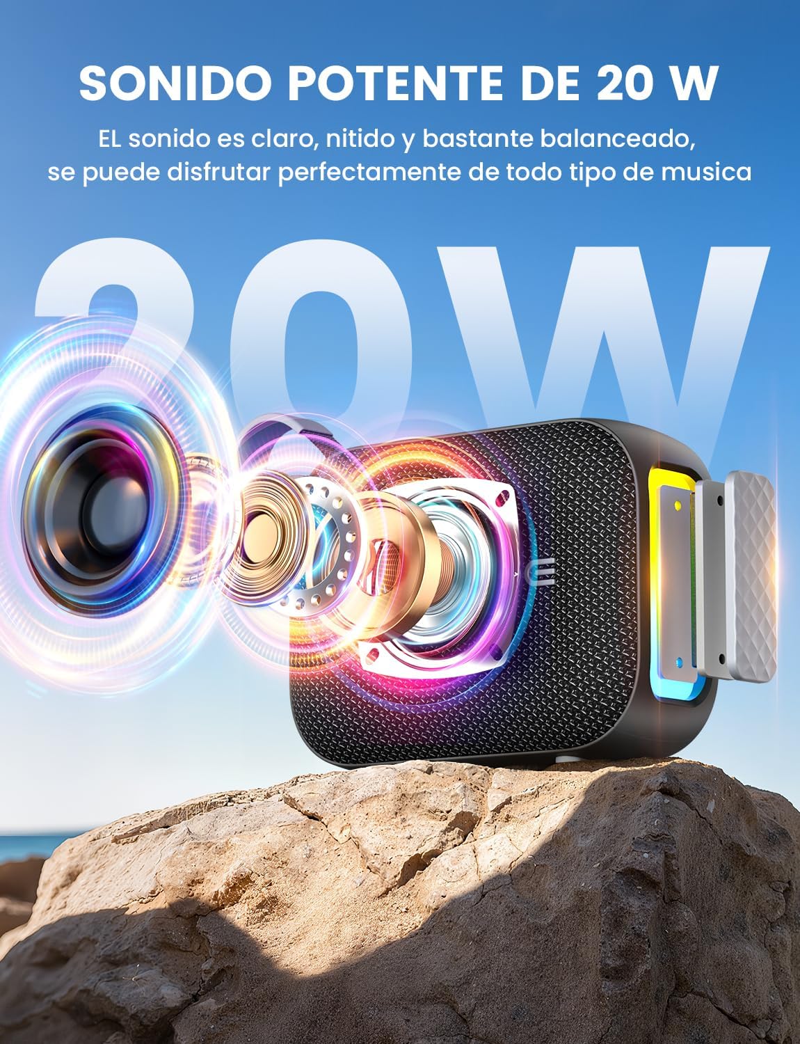 Bluetooth 6.0 Speaker Powerful 20W, Enhanced Bass, with Color LED Light, TWS Pairing for Stereo Sound, 2600mAh Battery, IPX5 Waterproof, Portable Speaker for Parties and Outdoors - Imagen 3
