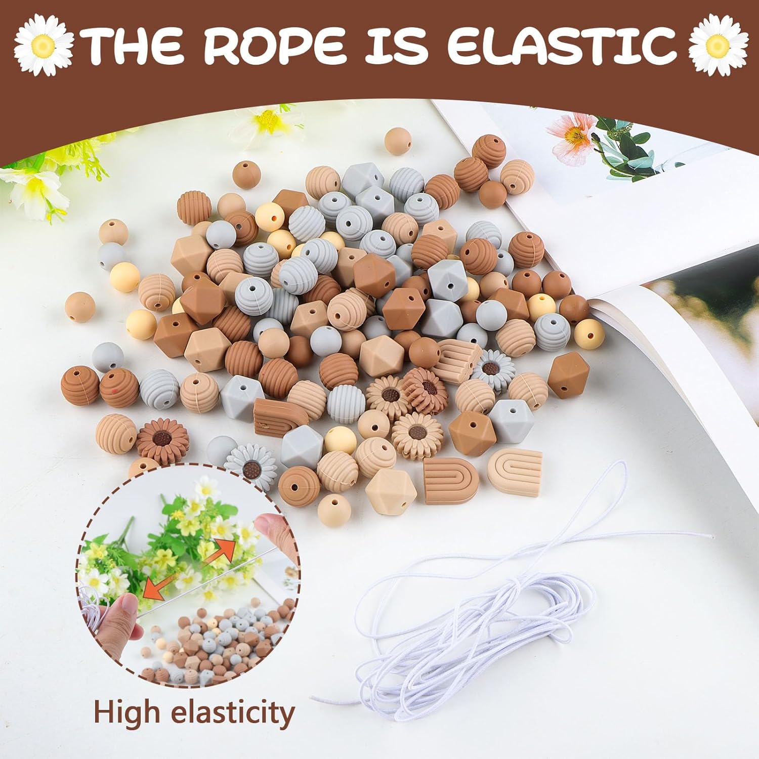 Juego de 132 cuentas de silicona en forma de flor, perlas de silicona con agujeros, cuentas coloridas para manualidades con cordón elástico, cuentas para manualidades, pulseras, bolígrafos - Imagen 3