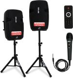 Pyle PA System Kit, Portable, Wireless, 1800W, Bluetooth, Active + Passive, Indoor/Outdoor Sound, USB, SD, AUX, XLR, RCA, Includes 2 Stands, Wired Microphone, Remote Control