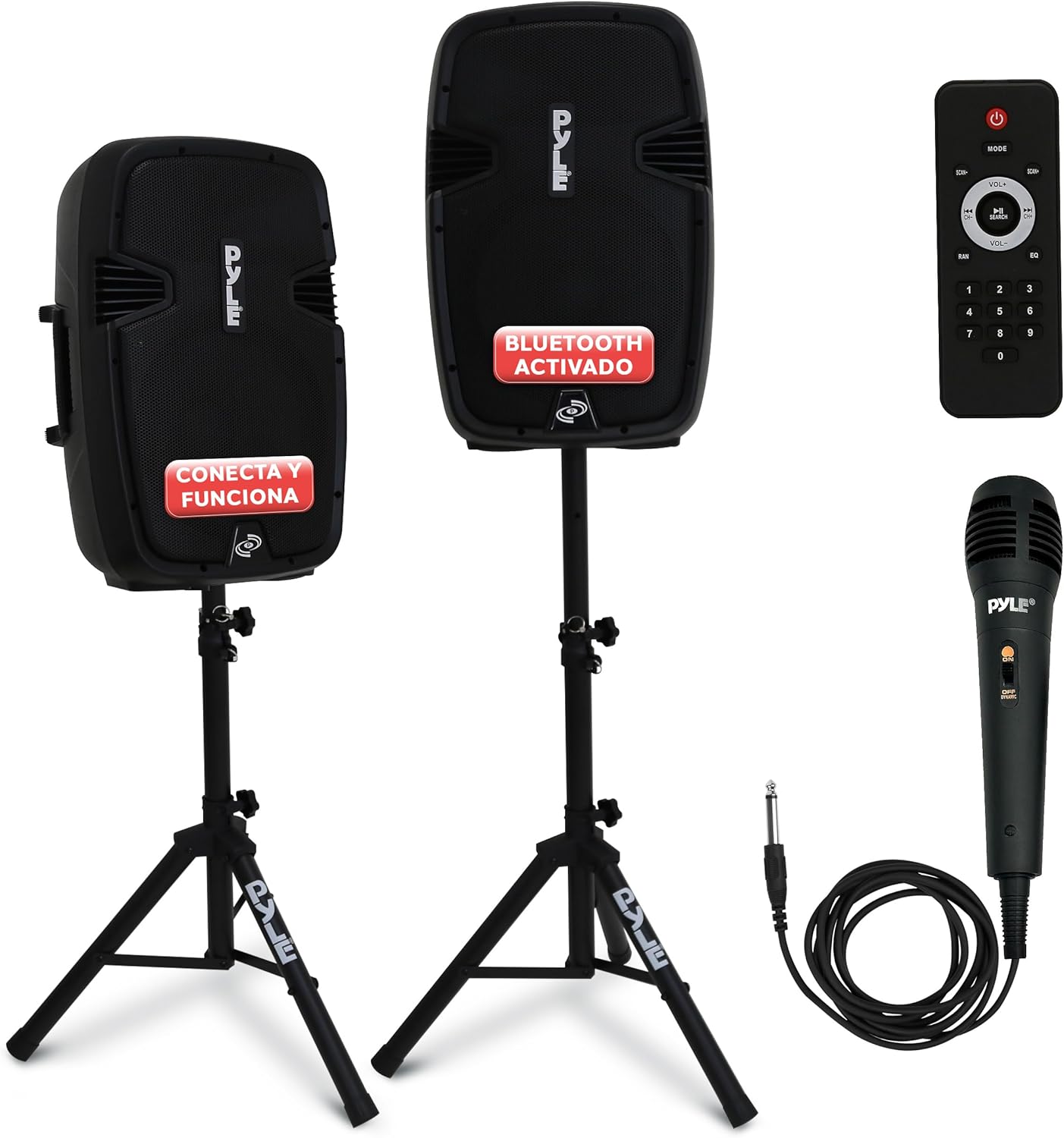 Pyle PA System Kit, Portable, Wireless, 1800W, Bluetooth, Active + Pyle PA System Kit, Portable, Wireless, 1800W, Bluetooth, Active + Passive, Indoor/Outdoor Sound, USB, SD, AUX, XLR, RCA, Includes 2 Stands, Wired Microphone, Remote Control