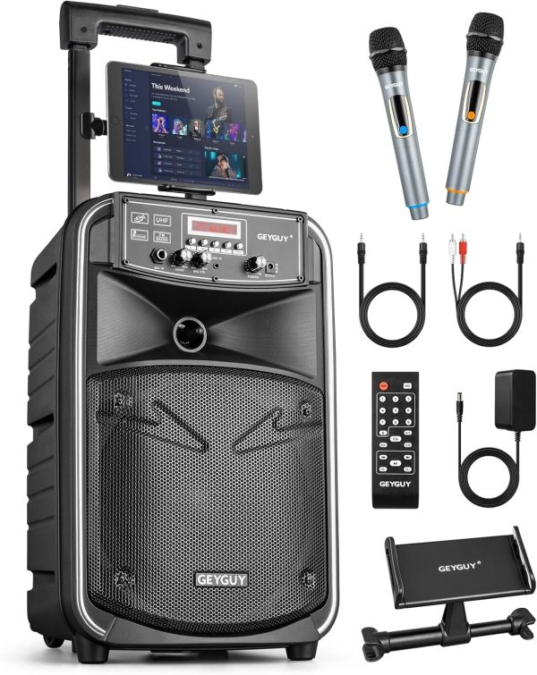 8" Portable PA Speaker System with 2 Wireless Microphones, Bluetooth Karaoke with Trolley, DSP/Recording/TWS/FM/USB/TV, for Indoor and Outdoor, Remote Control, Black