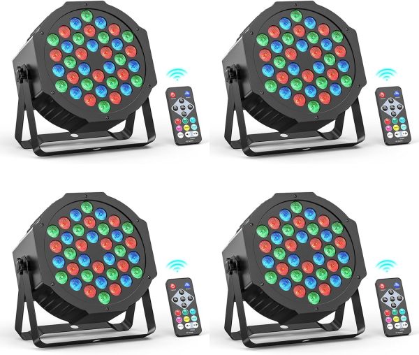 4PCS 36LED Par Lights, RGB Stage Lights, DMX Disco Lights with Remote Control, Effect Spotlights with Sound Activated Control, for Bare Wedding Birthday Party Halloween Christmas