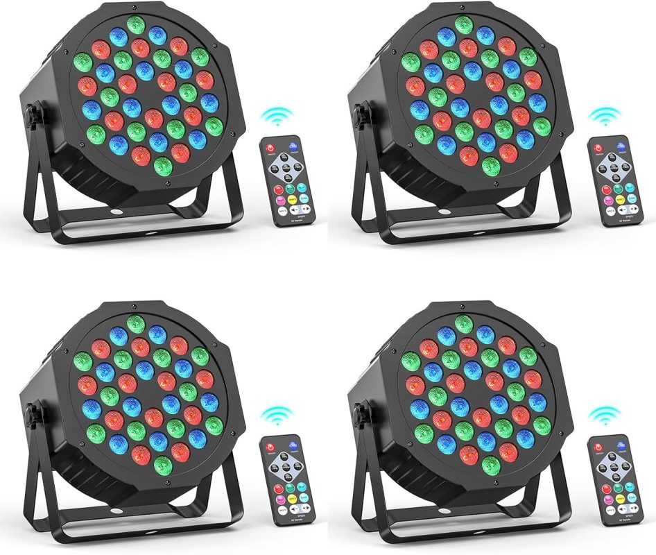 4PCS 36LED Par Lights, RGB Stage Lights, DMX Disco Lights with Remote Control, Effect Spotlights with Sound Activated Control, for Bare Wedding Birthday Party Halloween Christmas