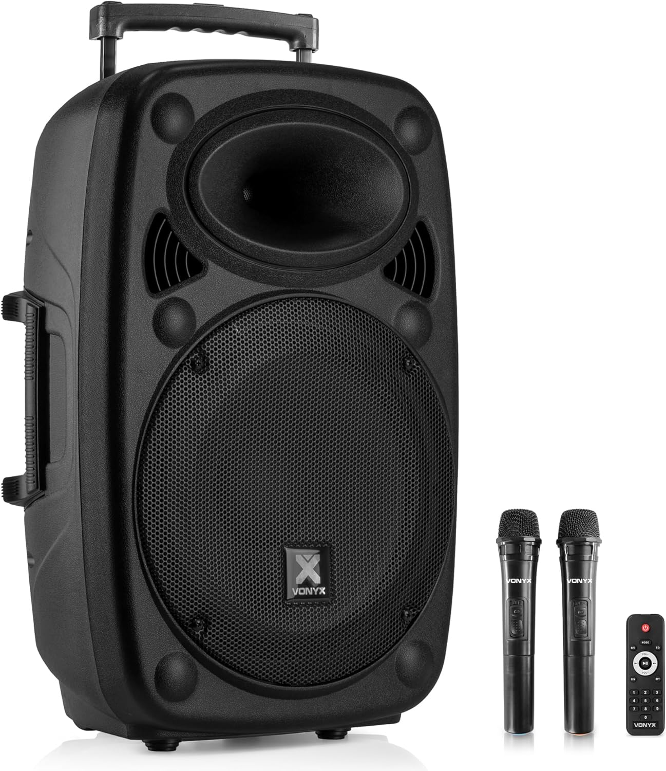 Vonyx Verve46 Powerful Bluetooth Speaker 1000 W, Portable Powered Speaker Vonyx Verve46 Powerful Bluetooth Speaker 1000 W, Portable Powered Speaker with Karaoke Microphone, Bluetooth Speaker USB, SD, MP3, AUX, 2 UHF Microphones, Remote Control, Subwoofer 15 Inches, Black