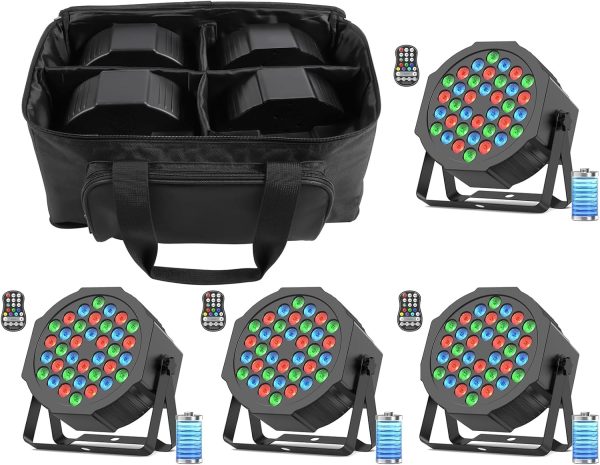 Battery Powered LED Spotlight, 4 Piece, 36 RGB Battery Powered Bulbs, LED Par Lights with Lighting Pack, DMX and Remote Control, Disco Light for DJs, Festivals and Stages