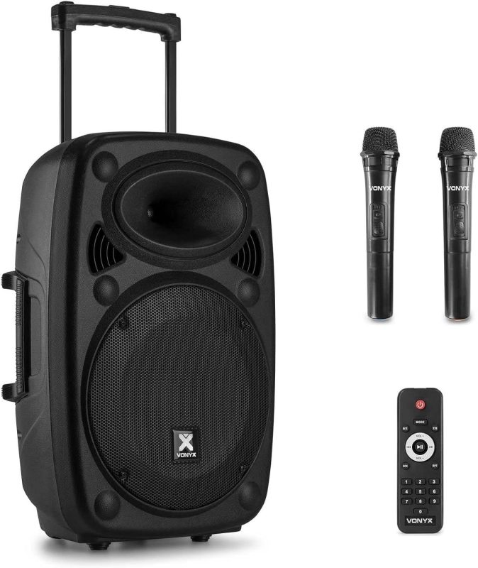 Vonyx Verve38 800W Portable Powered Speaker with Battery, Bluetooth, 12" Subwoofer, USB/SD/MP3 Player, AUX Input, 2 UHF Microphones, Karaoke and Remote Control, Black