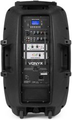 Vonyx Verve38 800W Portable Powered Speaker with Battery, Bluetooth, 12" Subwoofer, USB/SD/MP3 Player, AUX Input, 2 UHF Microphones, Karaoke and Remote Control, Black - Imagen 3